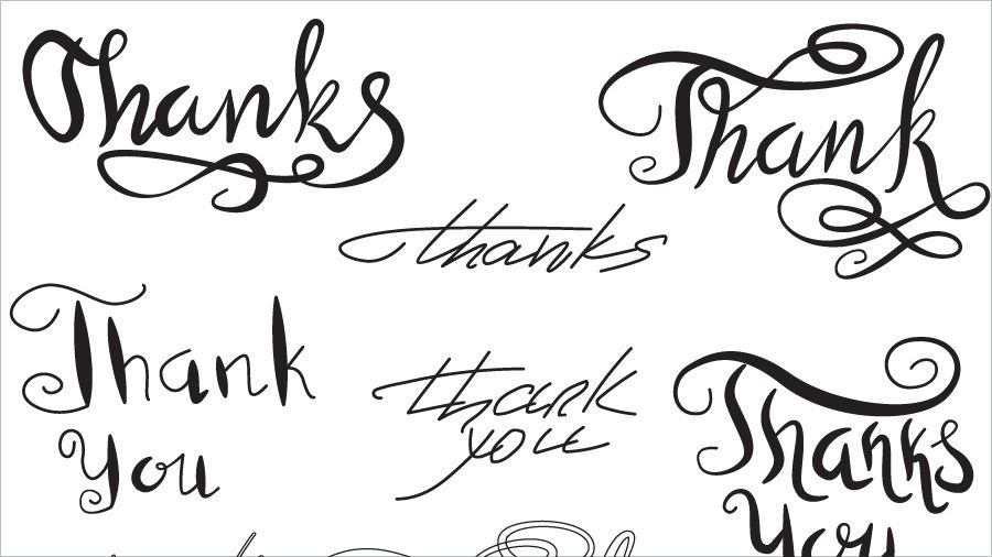 "Thanks" and "Thank you" in various styles in black on a white background