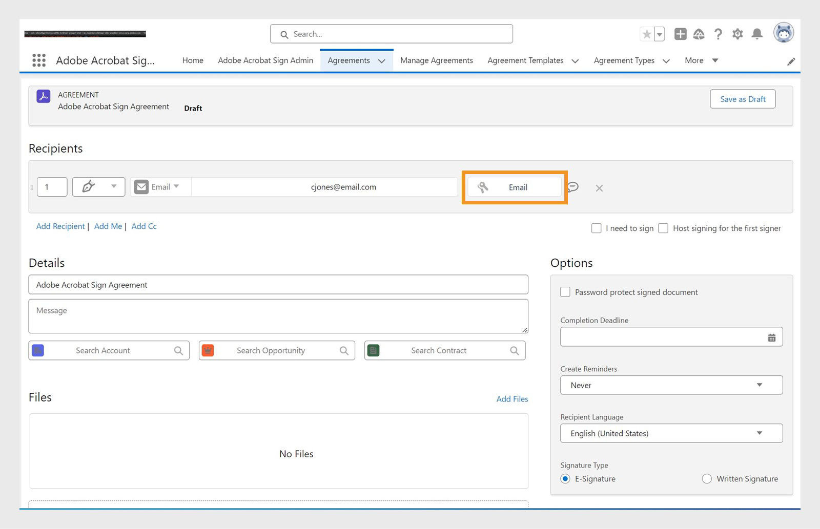 Acrobat Sign for Salesforce Agreements details page shows option to add recipient details where authentication tool is highlighted.