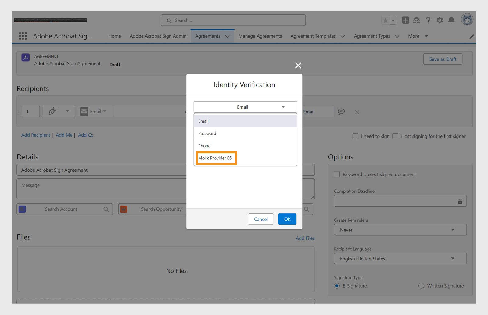 Identity Verification dialog shows a list of available verification methods. A third-party provider option is highlighted.