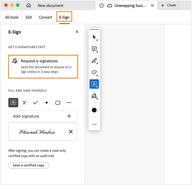E-Sign panel in Adobe Acrobat is shown