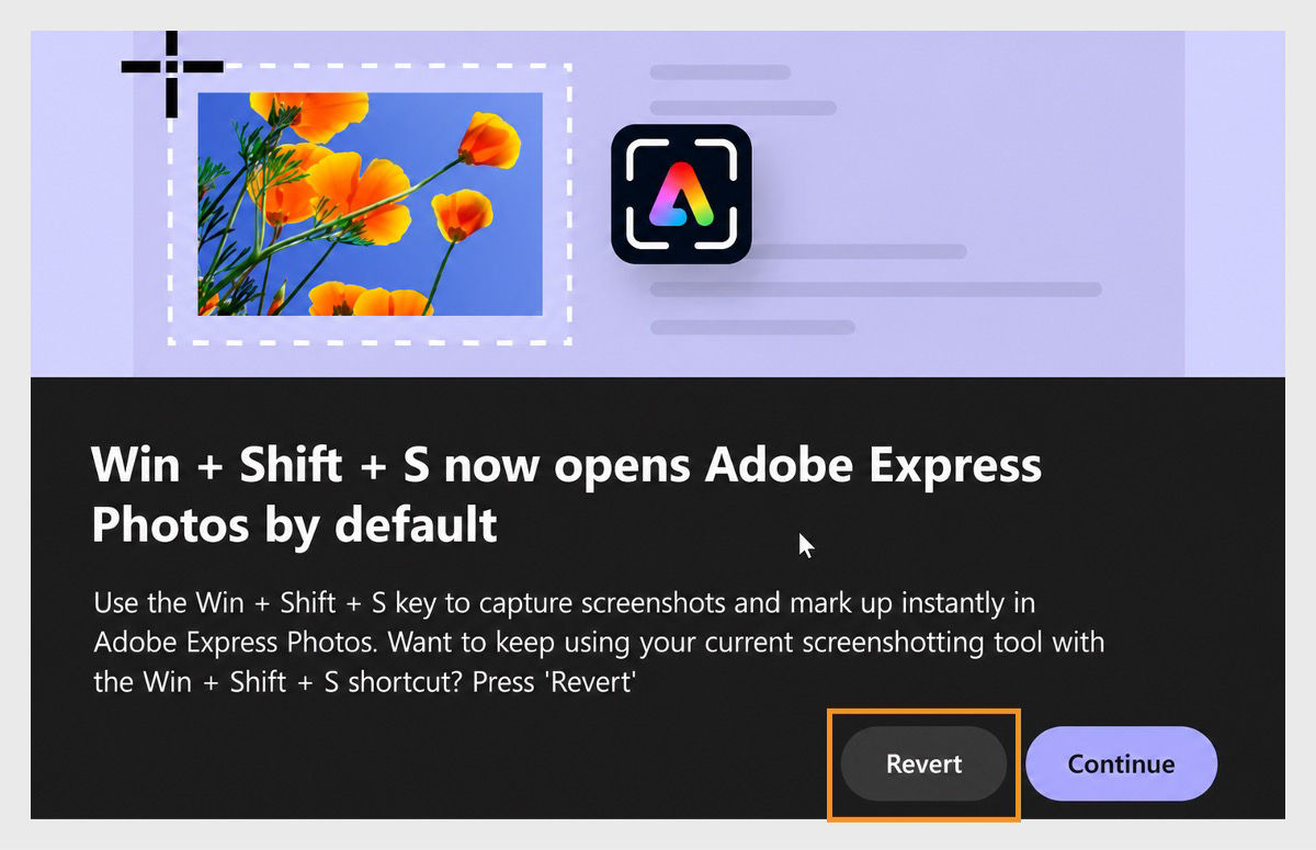 Adobe Express Photos notification window showing that the Win + Shift + S shortcut now opens Adobe Express Photos by default. The popup features an illustration of a screenshot being edited, explanatory text about capturing and marking up screenshots, and two action buttons labeled “Revert” and “Continue” at the bottom.