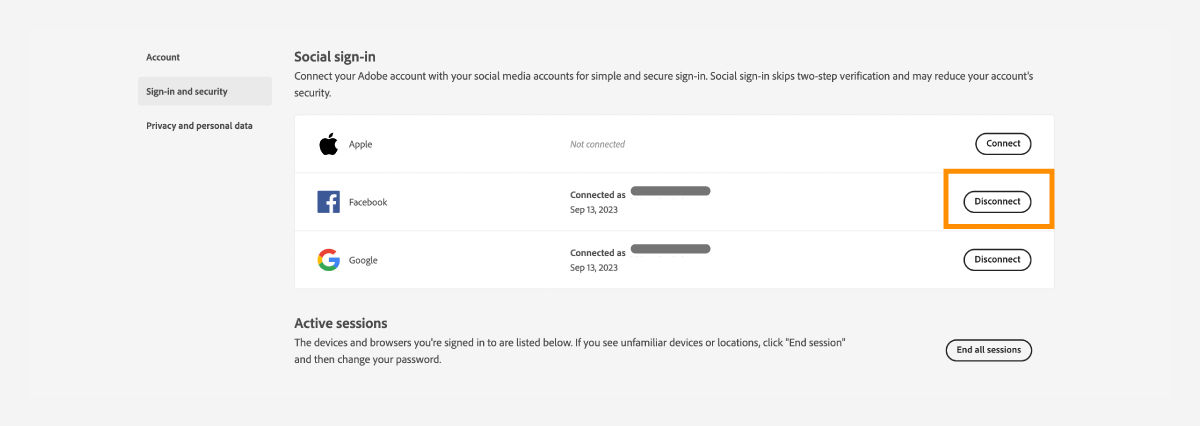 Disconnect your Google, Facebook or Apple social account
