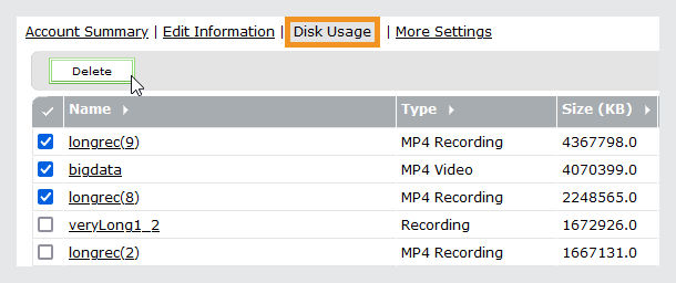 Configure disk usage screen