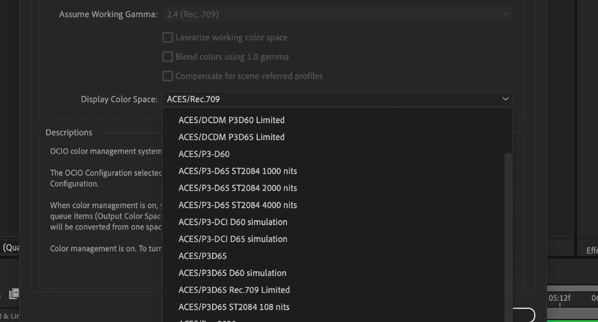 Display Color Space options
