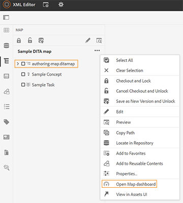 Access DITA map console from the Web Editor