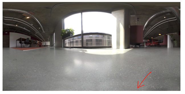 A 360 degree HDR panoramic of an office space with shadows visible at the nadir