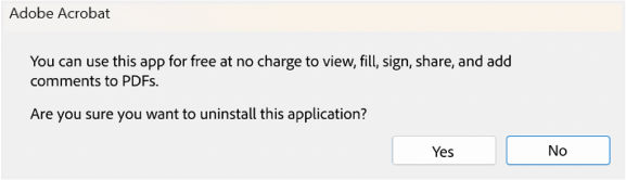 Confirmation dialog for uninstalling Acrobat Reader