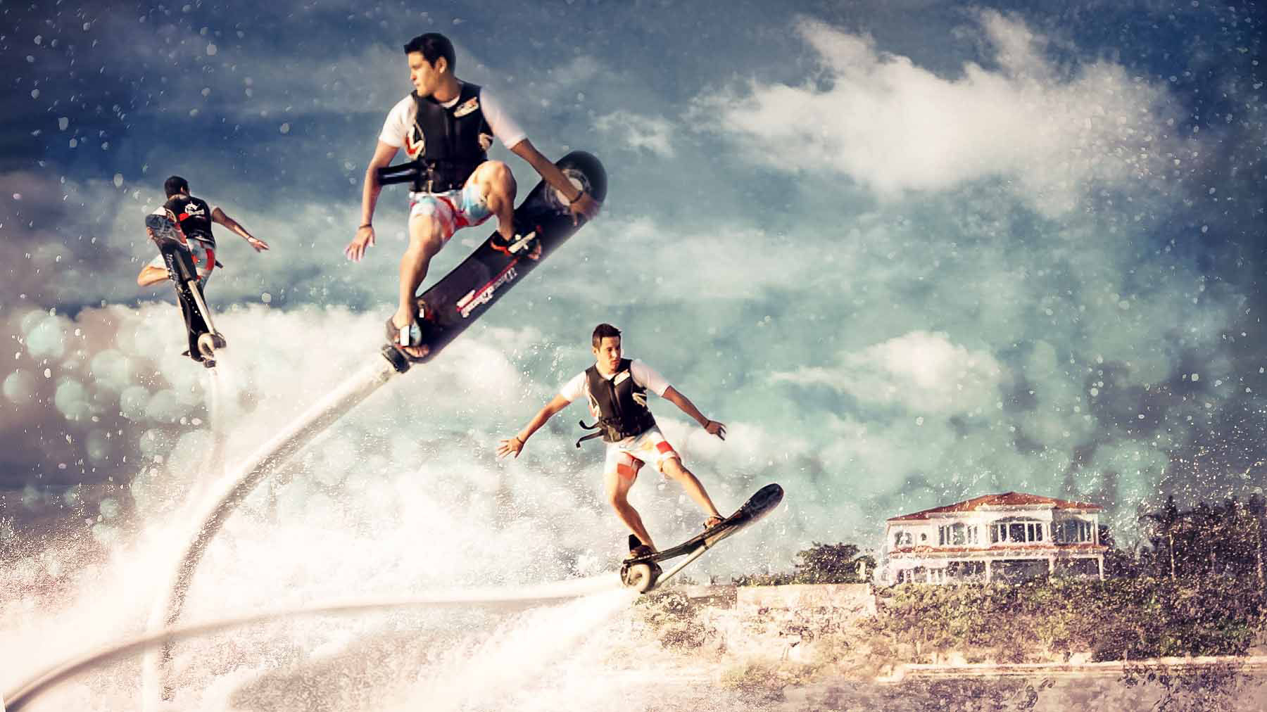 A young man on a water hoverboard in three positions above the water. A large home sits in the background.
