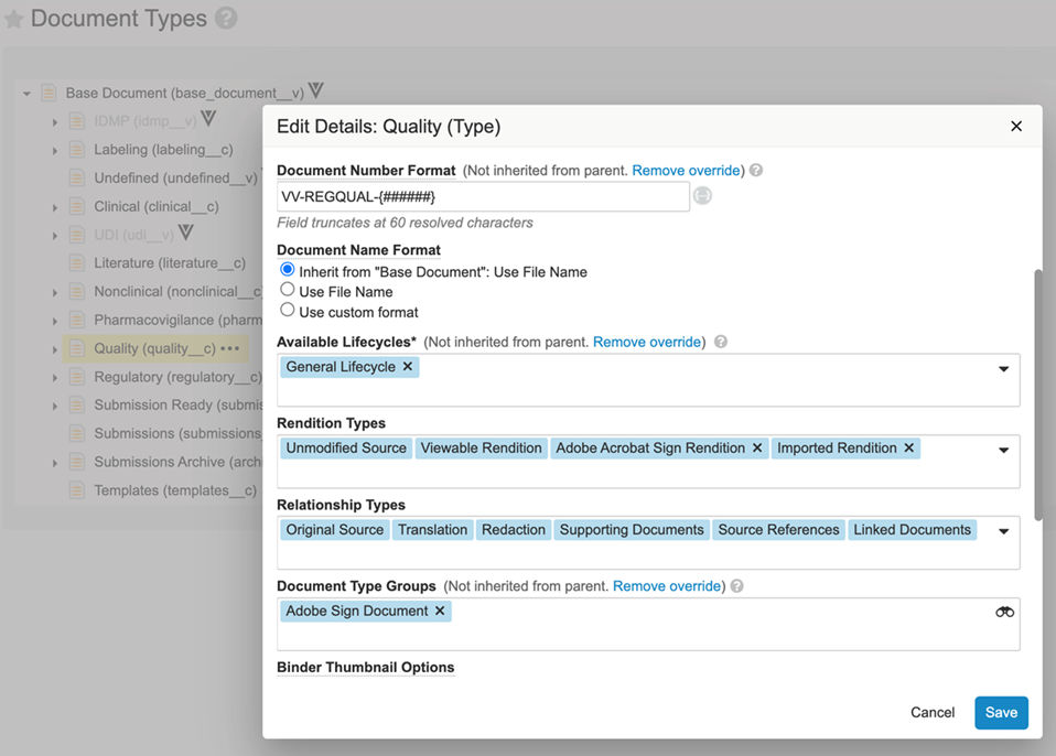 Acrobat Sign for Veeva Vault: Document Types Edit Details