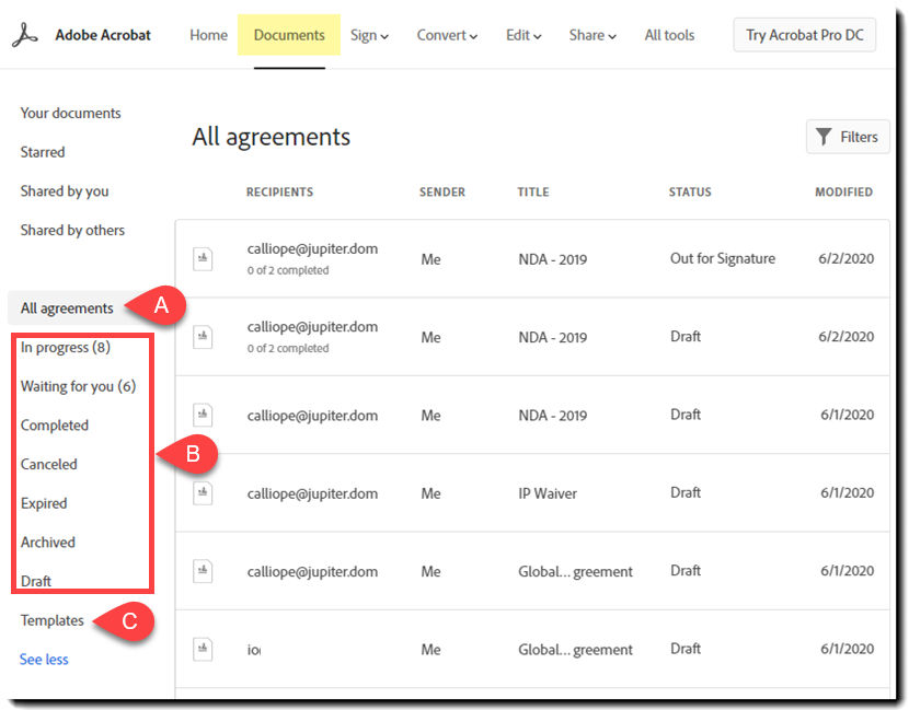 Track sent agreements