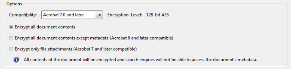 Options control compatibility with previous versions and type of encryption