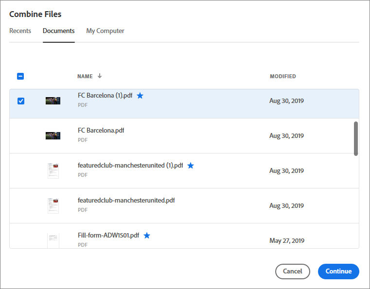 Select a file from the Recent or Files list