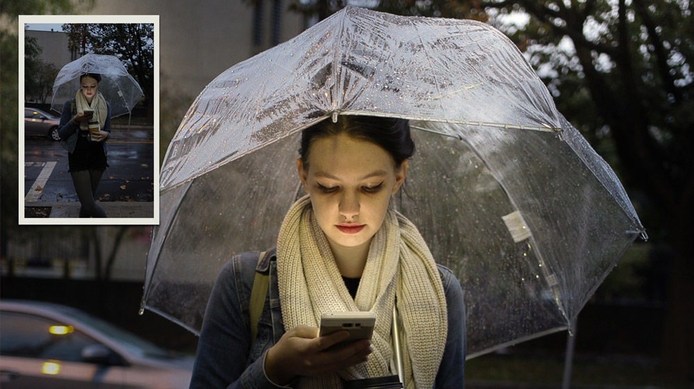 Before: Image of woman holding a mobile phone at night needs lightening. After: Woman’s face glows from mobile phone light.