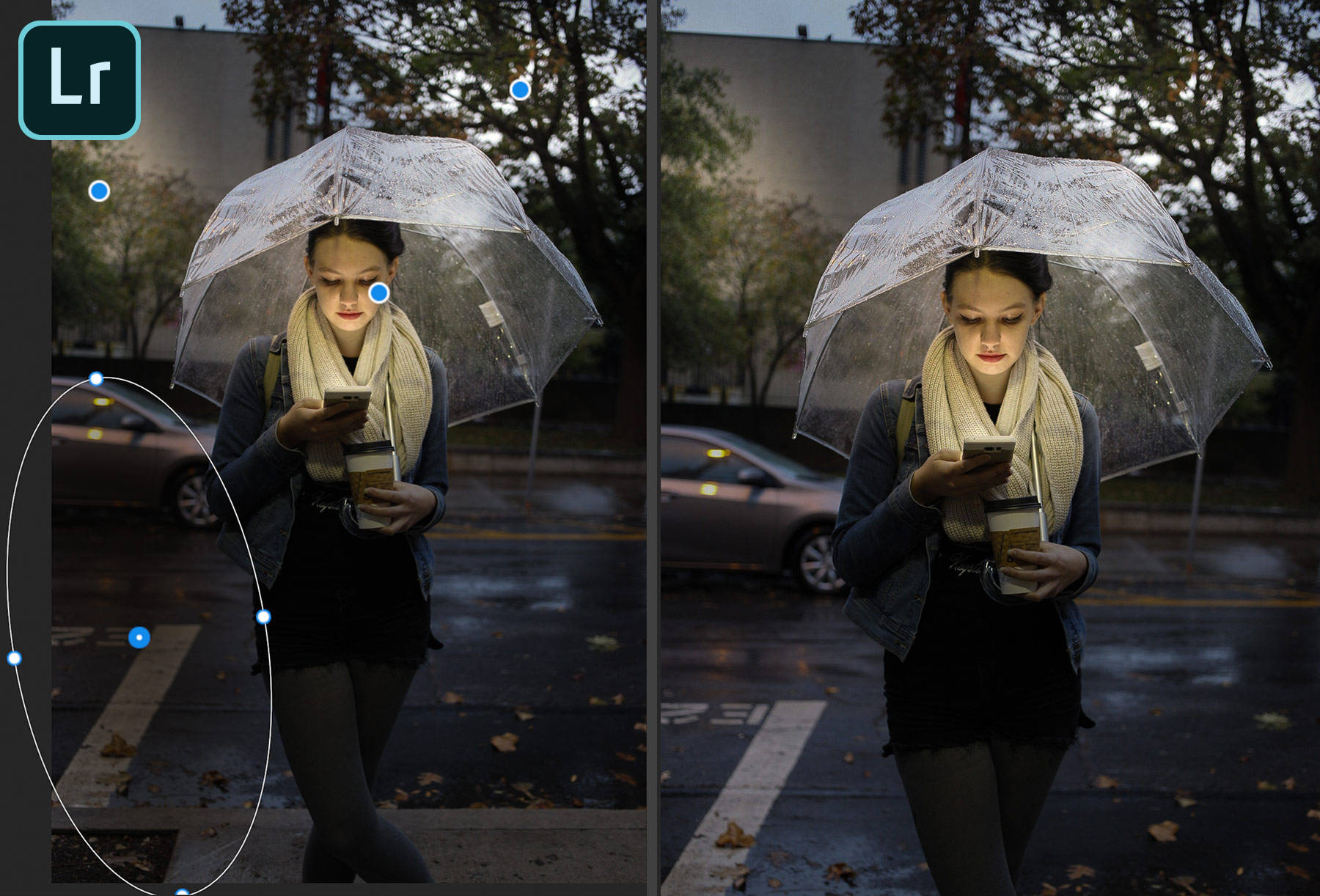 Radial gradients are used to selectively edit image of woman holding mobile phone at night.