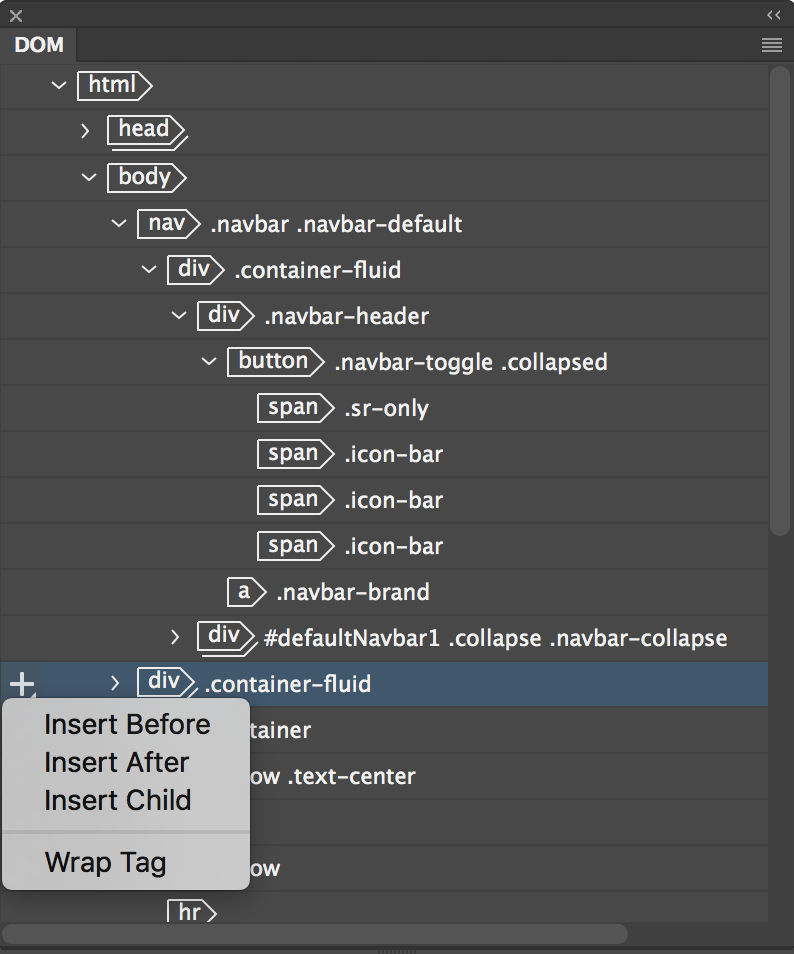 Insert options in DOM panel
