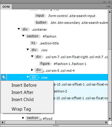 Insert options in the DOM panel