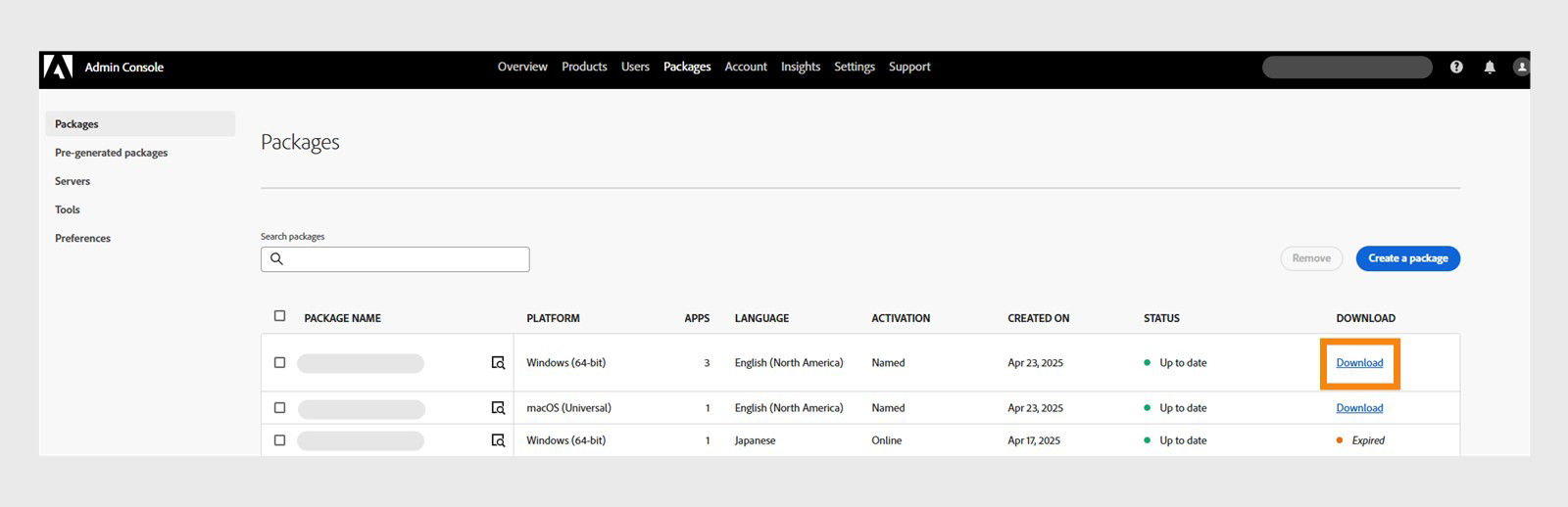 This image describes how to download packages in the Admin Console