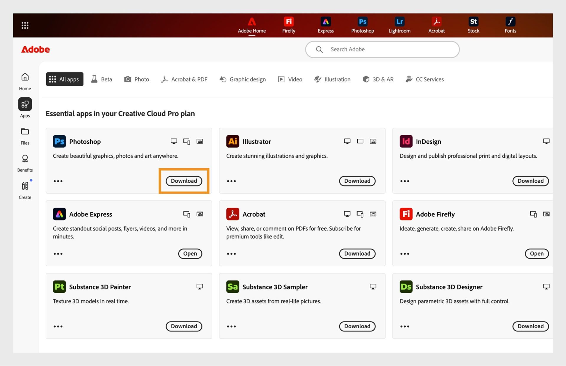 The Apps tab of Adobe Home shows the apps available to launch, install, open in browser, or open in desktop. 