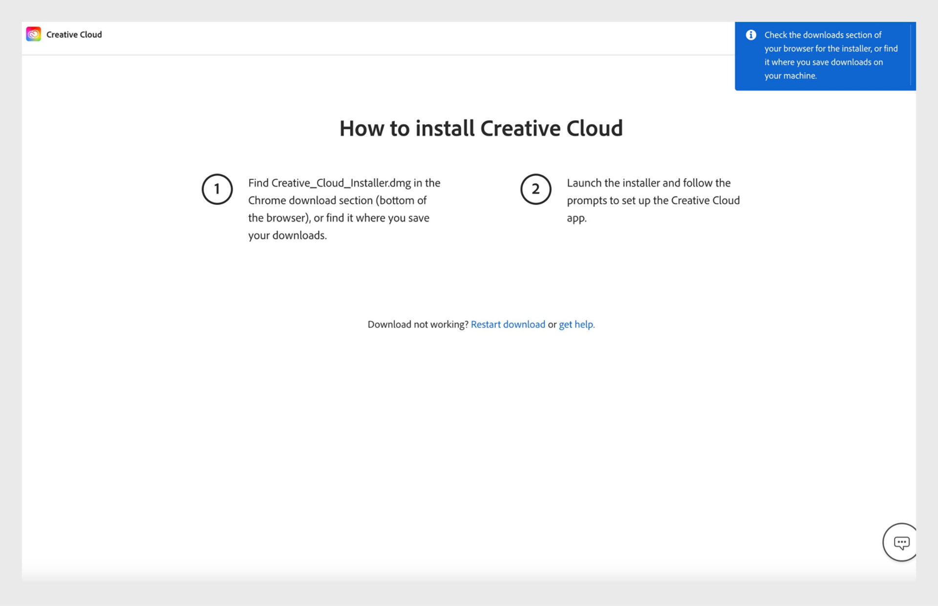 The Creative Cloud website page displays the instructions for installing the Creative Cloud desktop app. 