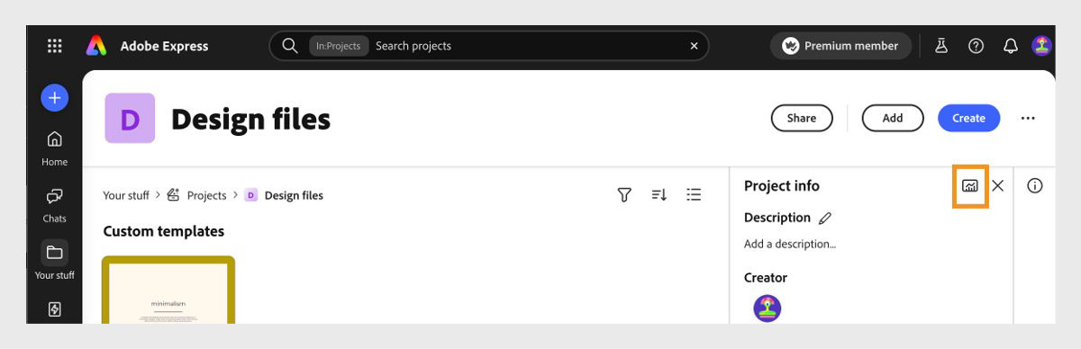 Adobe Express project containing custom templates, with the Download analytics as CSV icon highlighted in the Project Info panel.