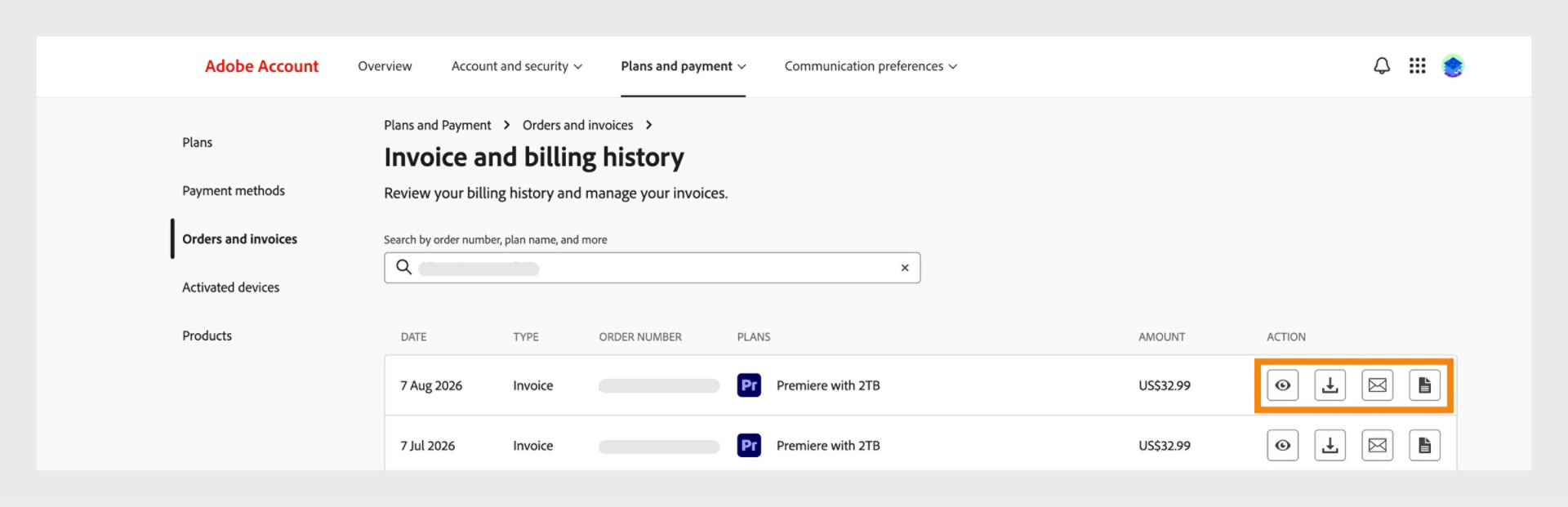 The Invoice and billing history window, where the view, download, email, and view icons, available under Action, are highlighted.