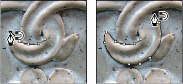 Klik om fixeerpunten toe te voegen en door te gaan met tekenen met de tool Pen in Photoshop