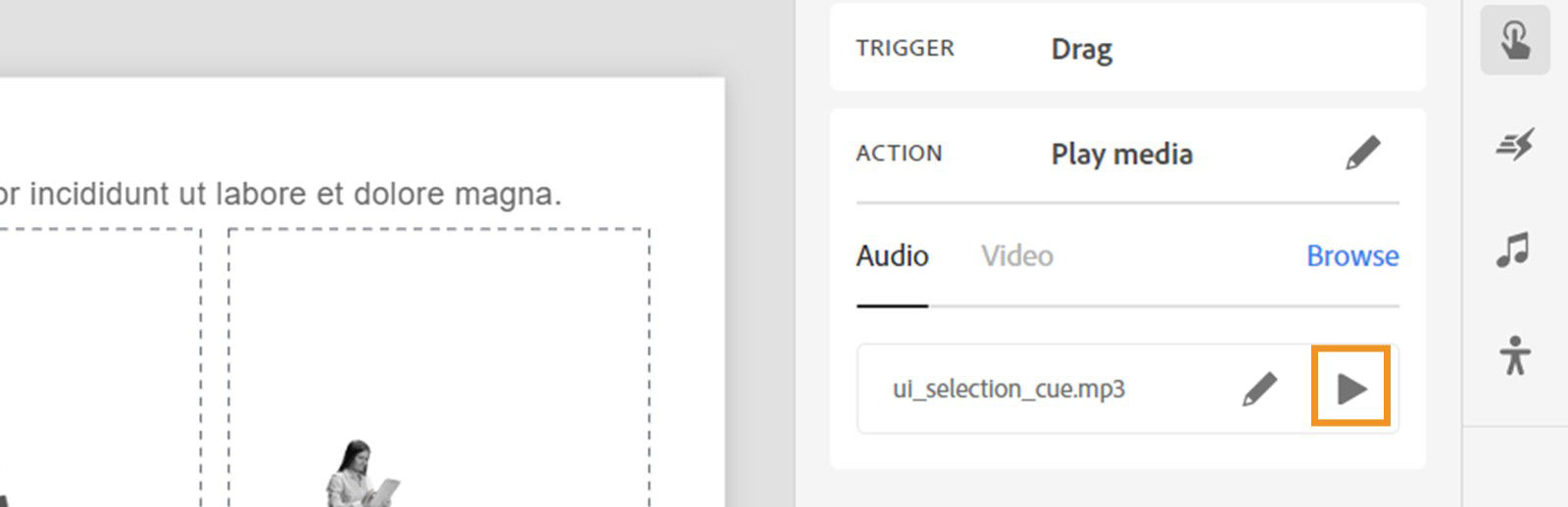 Select play icon to preview audio playback for drag interactions