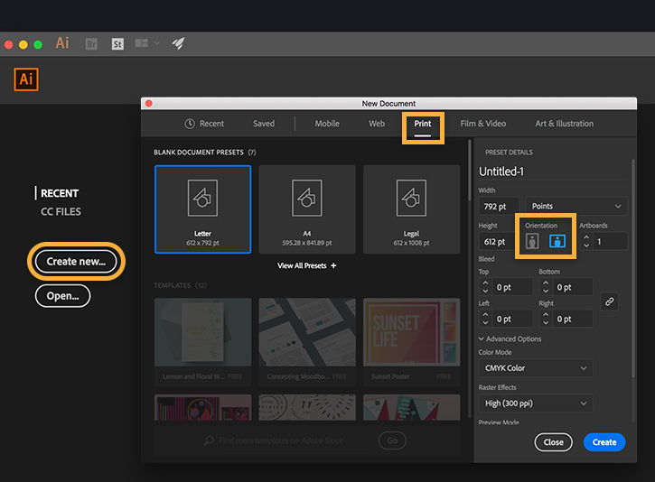 For printed illustrations, create a new document, select Print, Letter, and choose Orientation. Select Web for sharing online