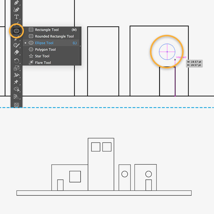 Perfect circles are drawn with the Ellipse tool by holding Shift while dragging or using crosshair magenta guides. 