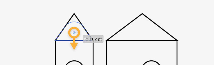 A triangle roof is rounded by dragging the rounded corner widget, a small blue circle with a solid blue center.   