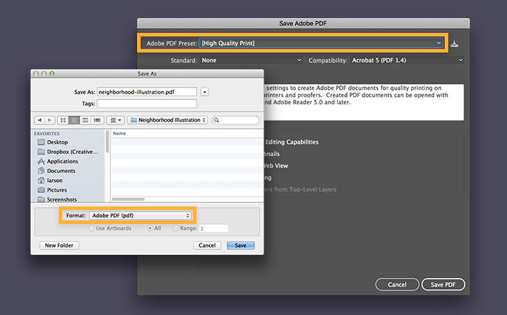 The file is saved in Adobe Illustrator (AI) format, then saved for print by selecting Save As > PDF. 