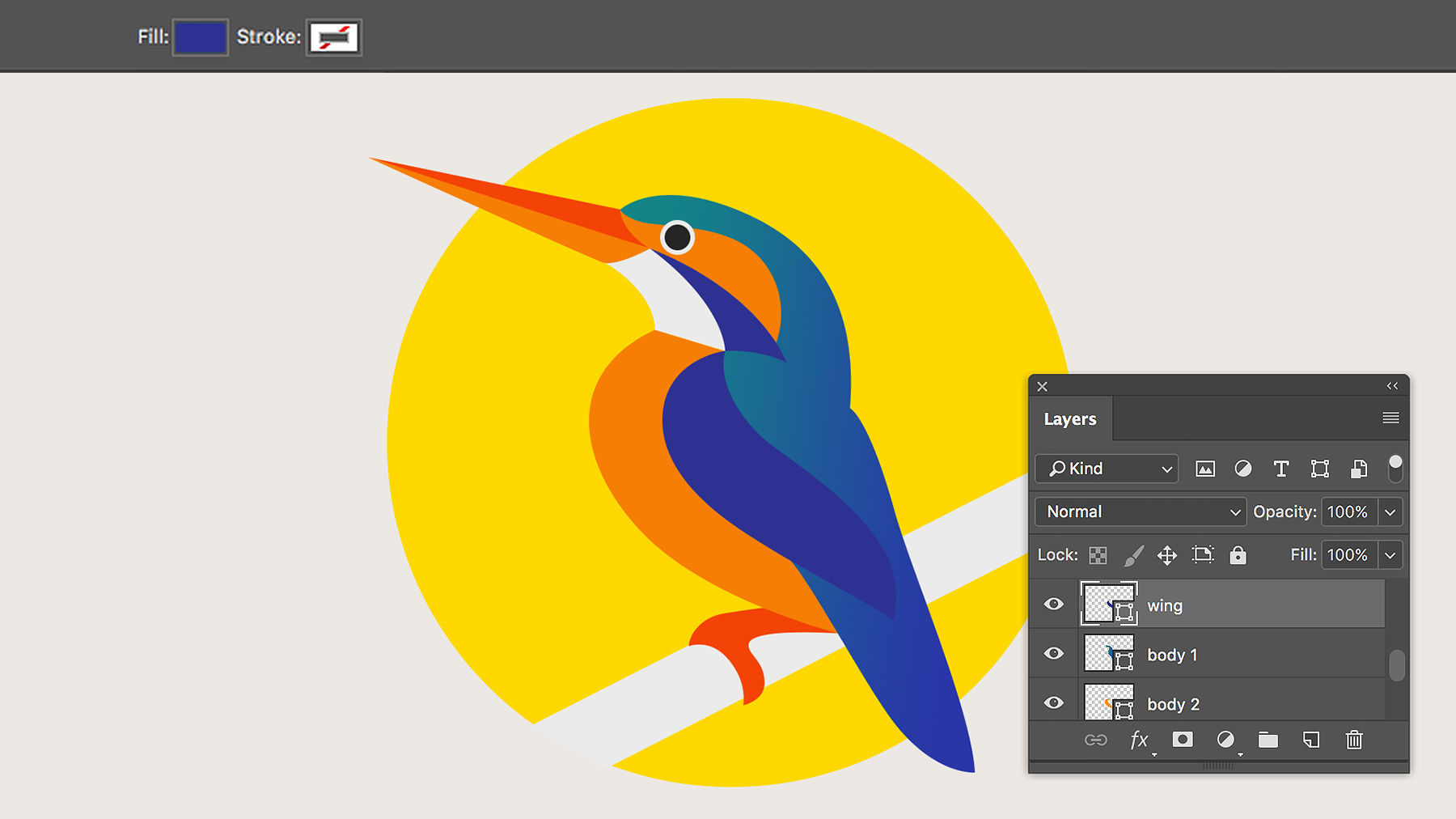 Colors are added to the various shape layers using fill and stroke options.