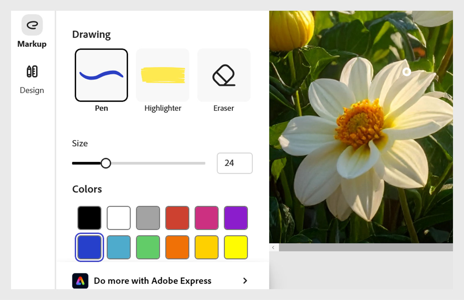 A brush styles selection interface with options for Pen and Highlighter, along with a palette of different colors. The right side of the image shows the image to modify. 