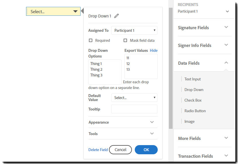 Drop Down Field Properties