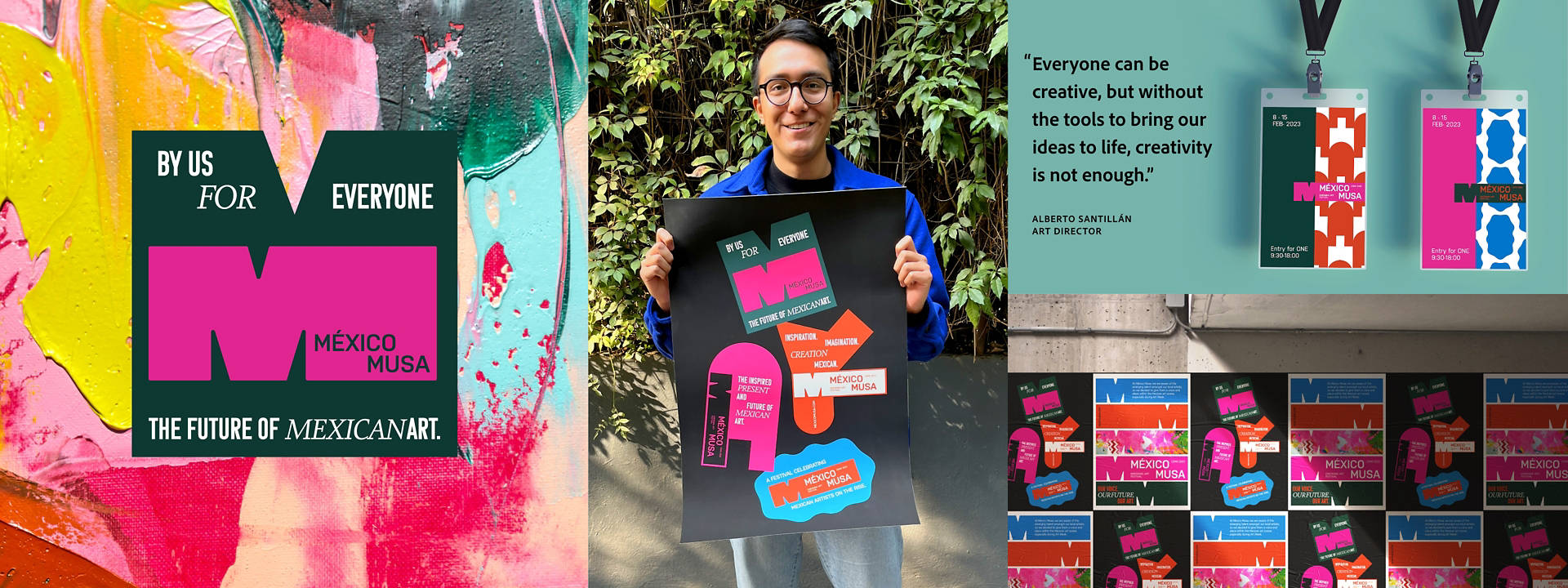 A grid of colorful images and artwork shaped by clipping masks along with an image of Alberto Santillán and one of his quotes.