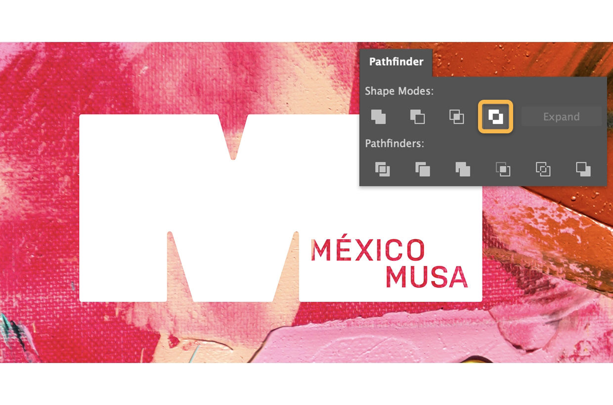 The M now shows ‘México Musa’ stamped out showing the painting below. The Pathfinder shows the Divide button highlighted.