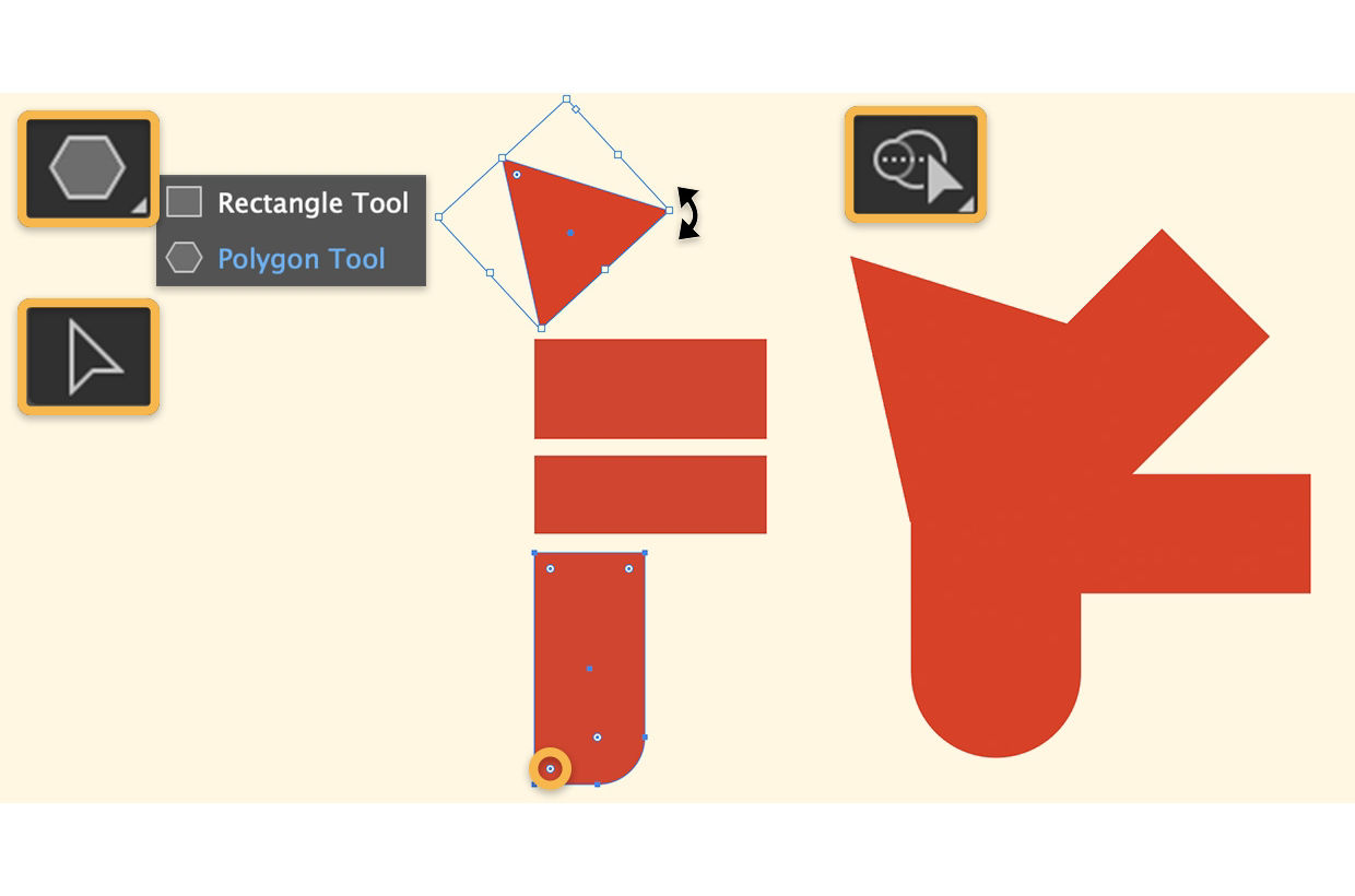 A triangle and 3 rectangles are separate on the left and joined into a custom shape by the Shape Builder on the right.