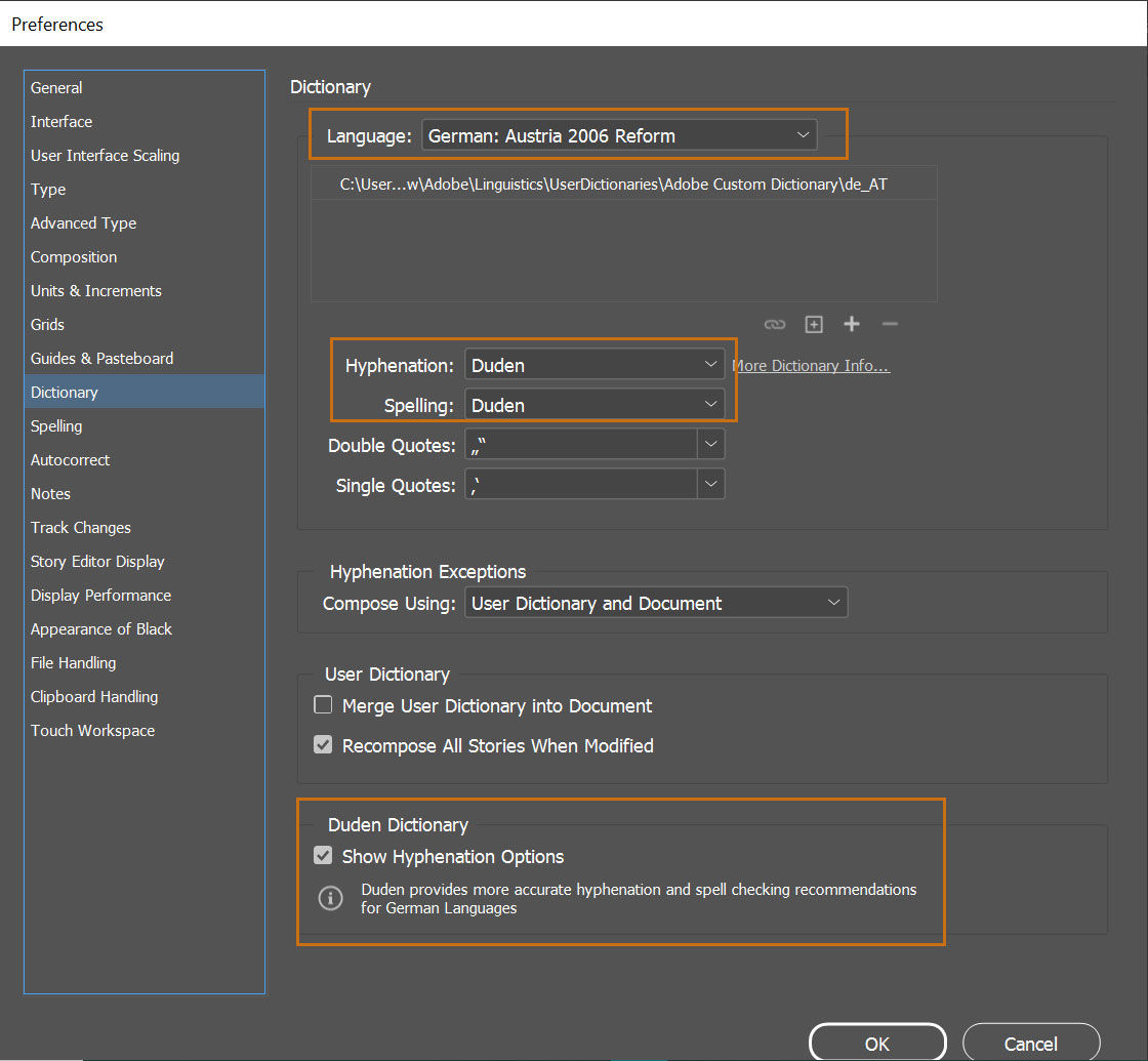 حدد خيار قاموس Duden للعمل باستخدام اللغة الألمانية