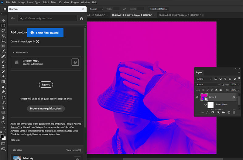 Click Revert to undo the changes applied by the Add duotone effect quick action