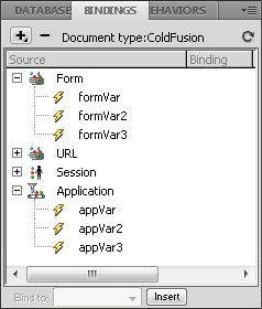 Bindings panel with Application expanded
