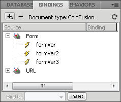 Bindings panel with Form expanded