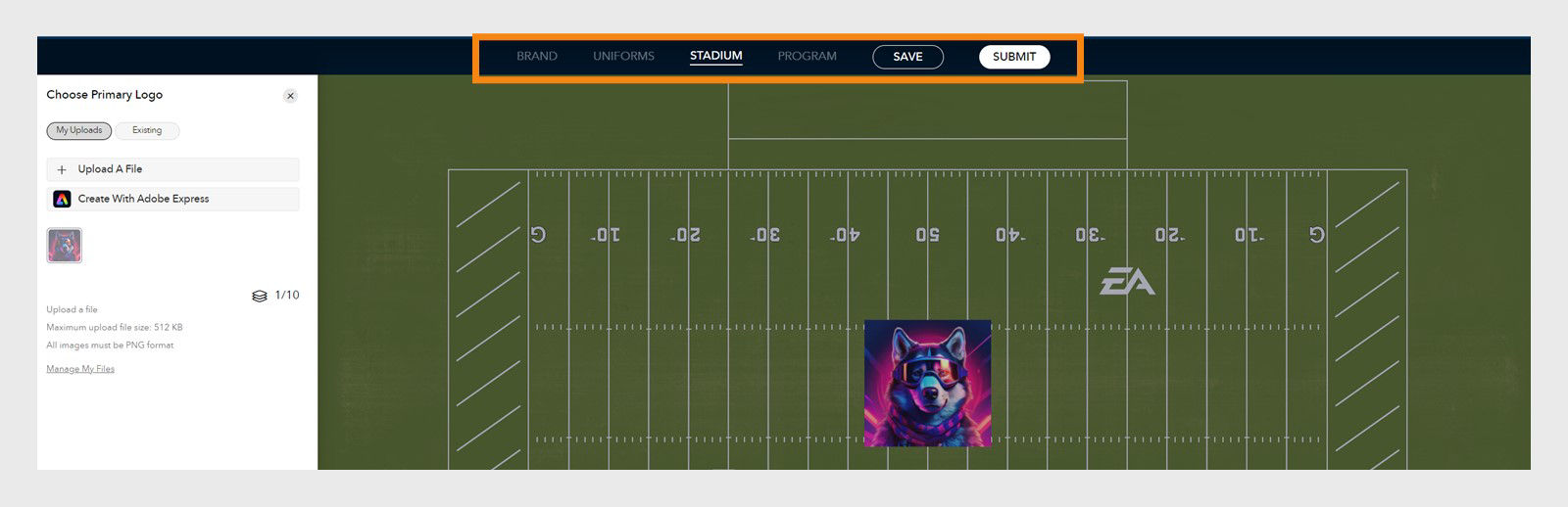 Adobe Express iFrame on the EA SPORTS Team Builder website, showing a stadium view with a fierce-looking wolf logo being applied to the stadium.