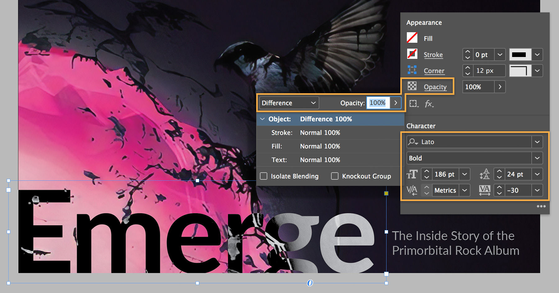 “Emerge” text is added in a large font size to ensure readability at a thumbnail size. Text blending modes are adjusted. 