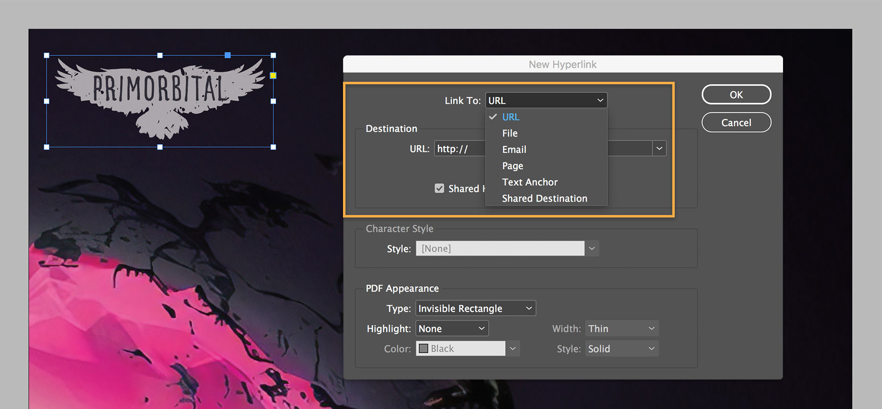 A gray bird outline is added to the upper left corner and hyperlinked through the Hyperlink > New Hyperlink menu.  