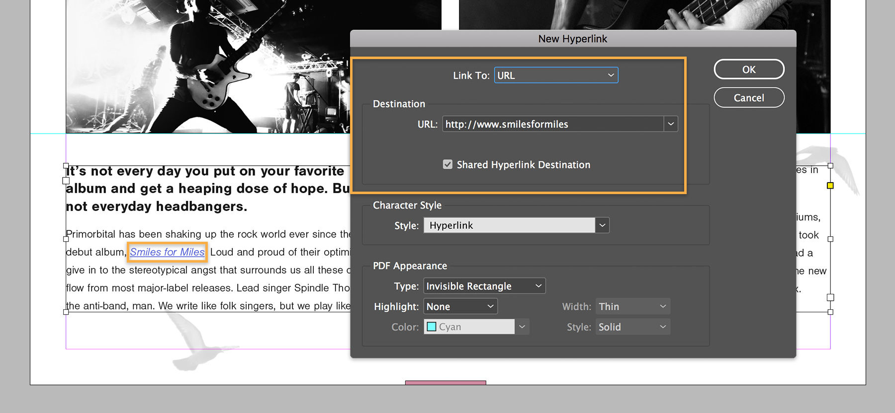 Text is hyperlinked by selecting text, clicking New Hyperlink in the Properties panel, and specifying Link To options. 