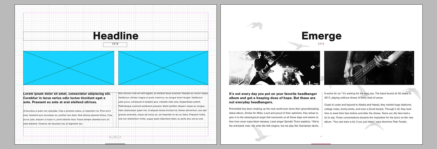 Before: Storyboard with placeholders for headers, text, and photographs. After: Custom eBook pages with photographs.