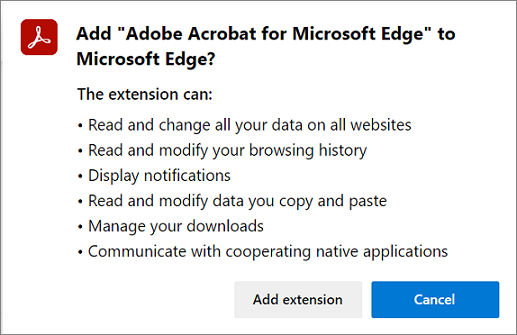 Permissions required by the Acrobat extension