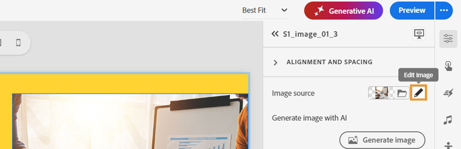 This image shows how to select the edit image option from Visual properties panel