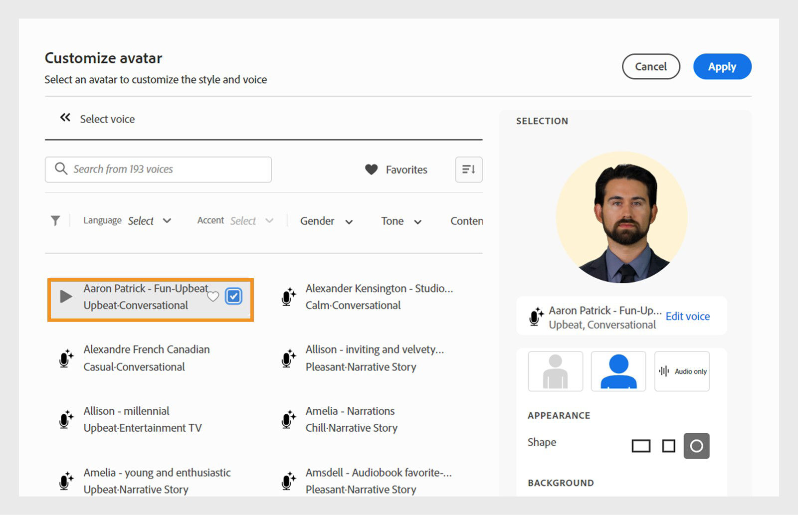 Voice selection interface showing voice options with filtering controls for accent, language, gender, tone, and content type.