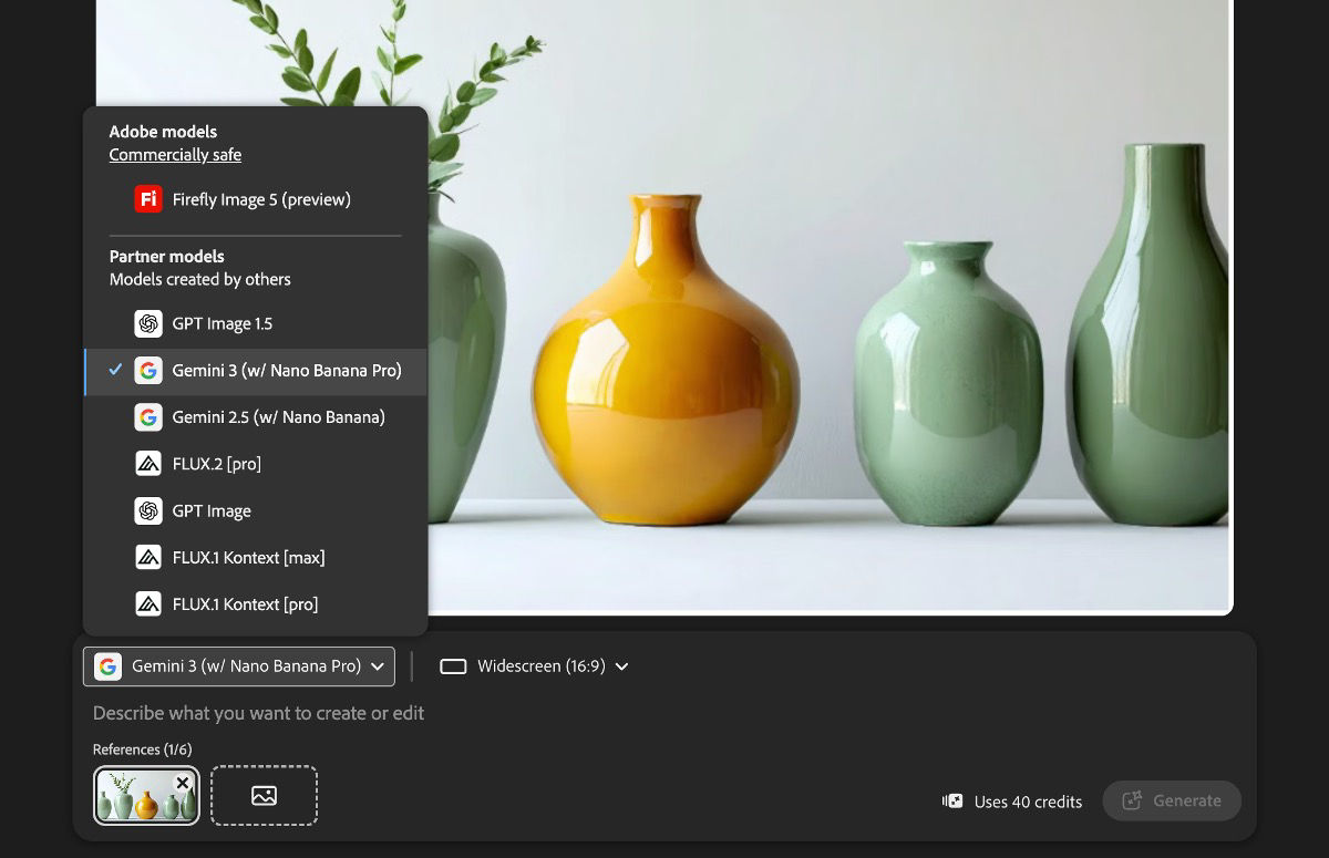 The expanded Models dropdown lists partner image models as well as Firefly to select from.